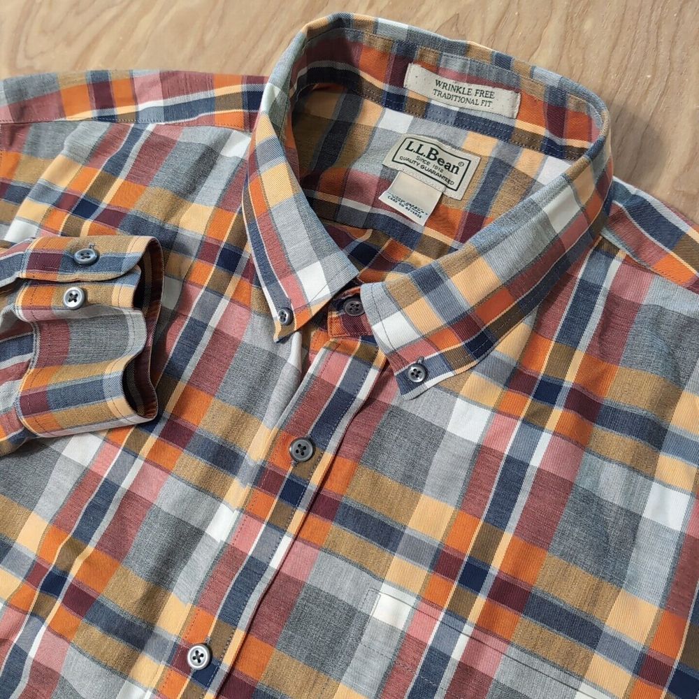 LL Bean‎ Mens XL Traditional Fit Button Down Multicolor Plaid Cotton Wrin…
